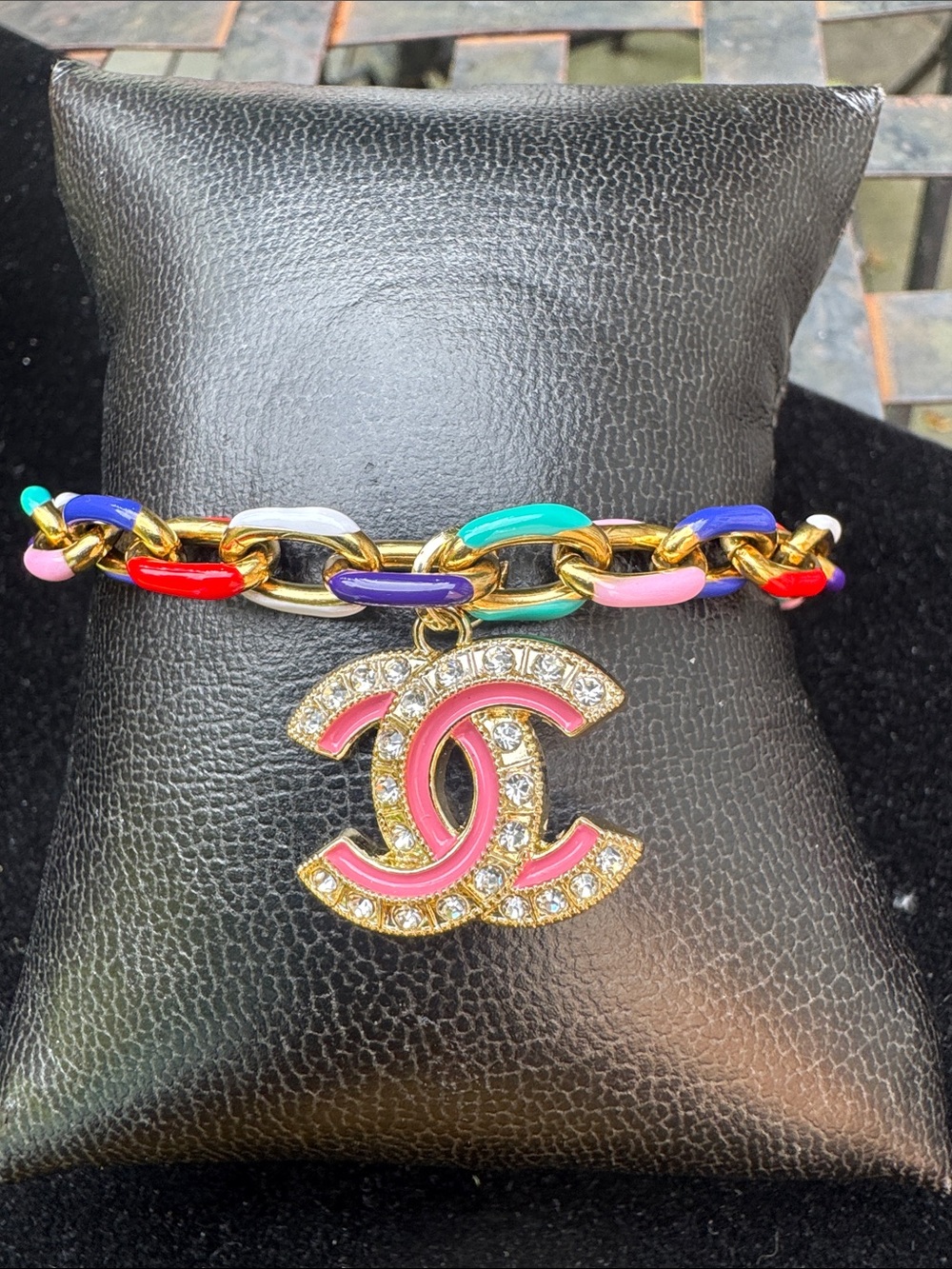 Charm bracelet Multicolor Enamel Chain Bracelet Pink enamel and crysta Charm